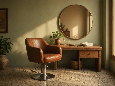 An empty salon chair in front of a round brass mirror.