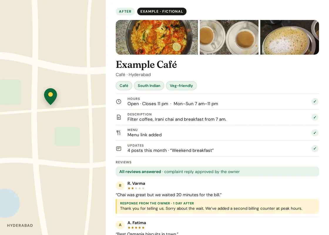 After, fictional Example Café: hours complete, every review answered with the owner approving the complaint reply, 4 posts this month, categories Café, South Indian and Veg-friendly, description and menu link added.