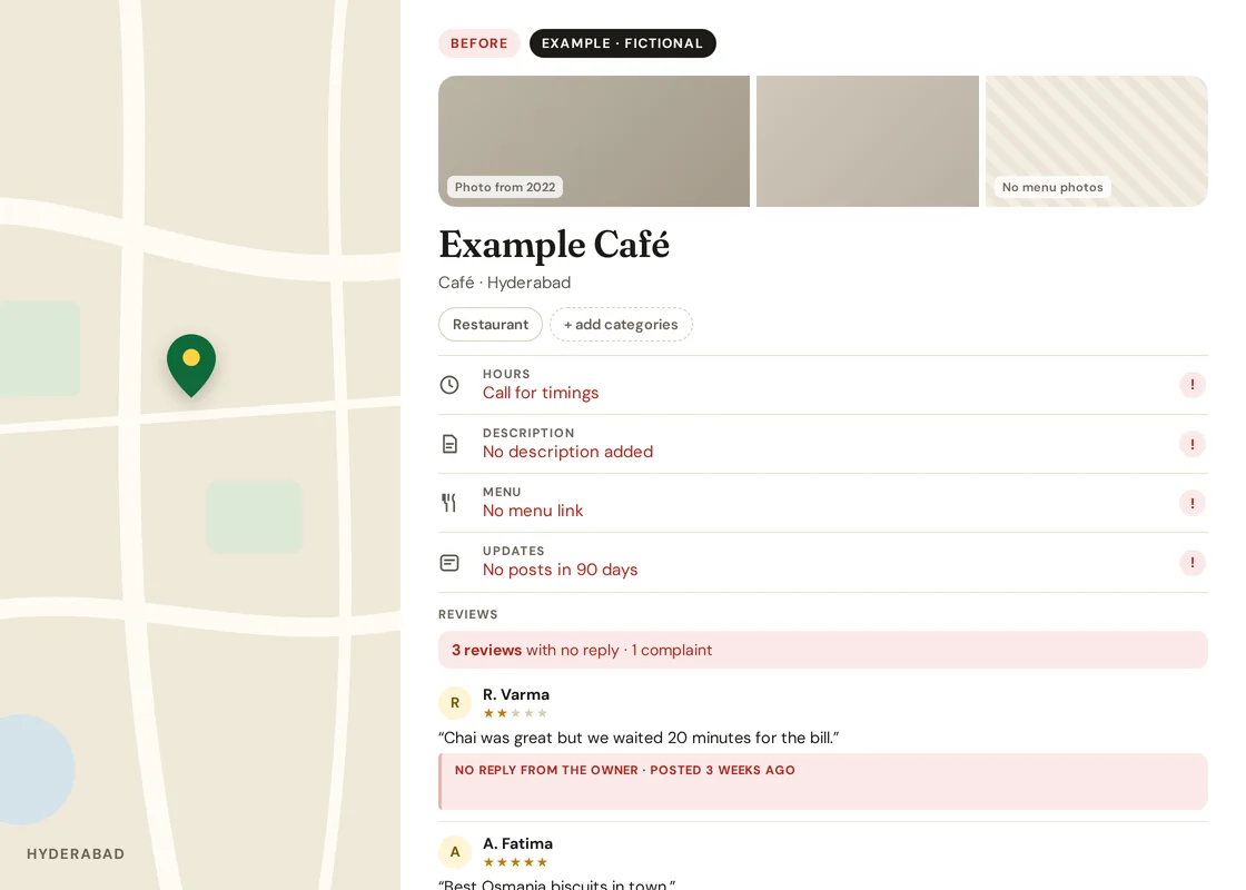 Before, fictional Example Café: hours say call for timings, 3 reviews with no reply including 1 complaint, no posts in 90 days, category only Restaurant, no description or menu link.